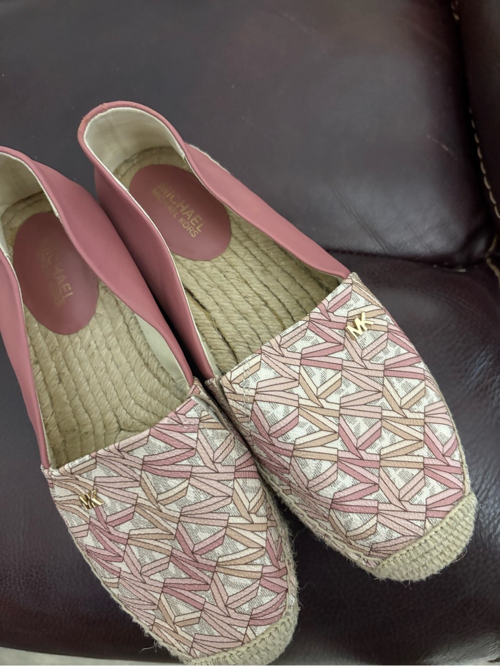 Michael Kors Pink Patterned Canvas Espadrilles with Gold MK Accent